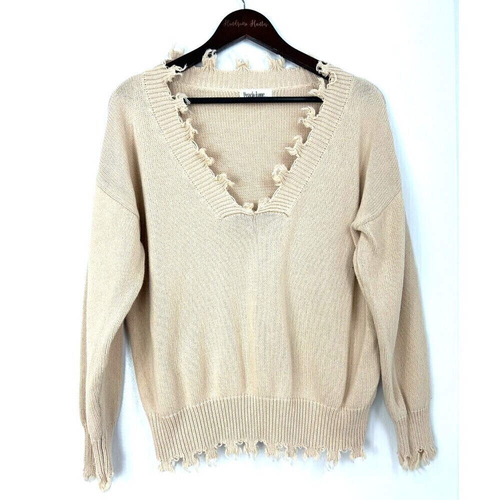 Peach Love California Women Sz L Ivory Cream Sweater Fringe Comfort Boho Chic H2 - Picture 3 of 12